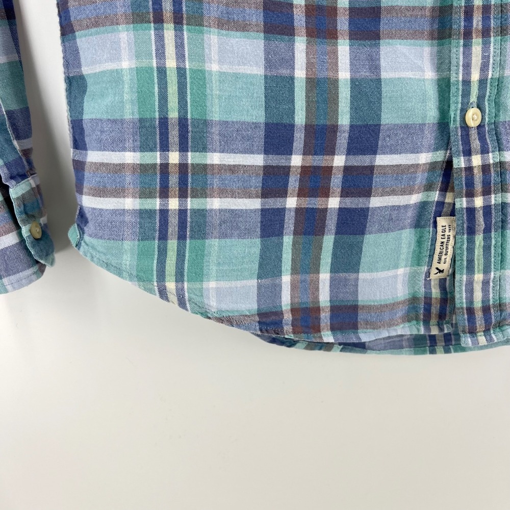 American Eagle Seriously Soft Plaid Shirt Size M Linen Cotton Teal Blue Casual - Picture 5 of 9